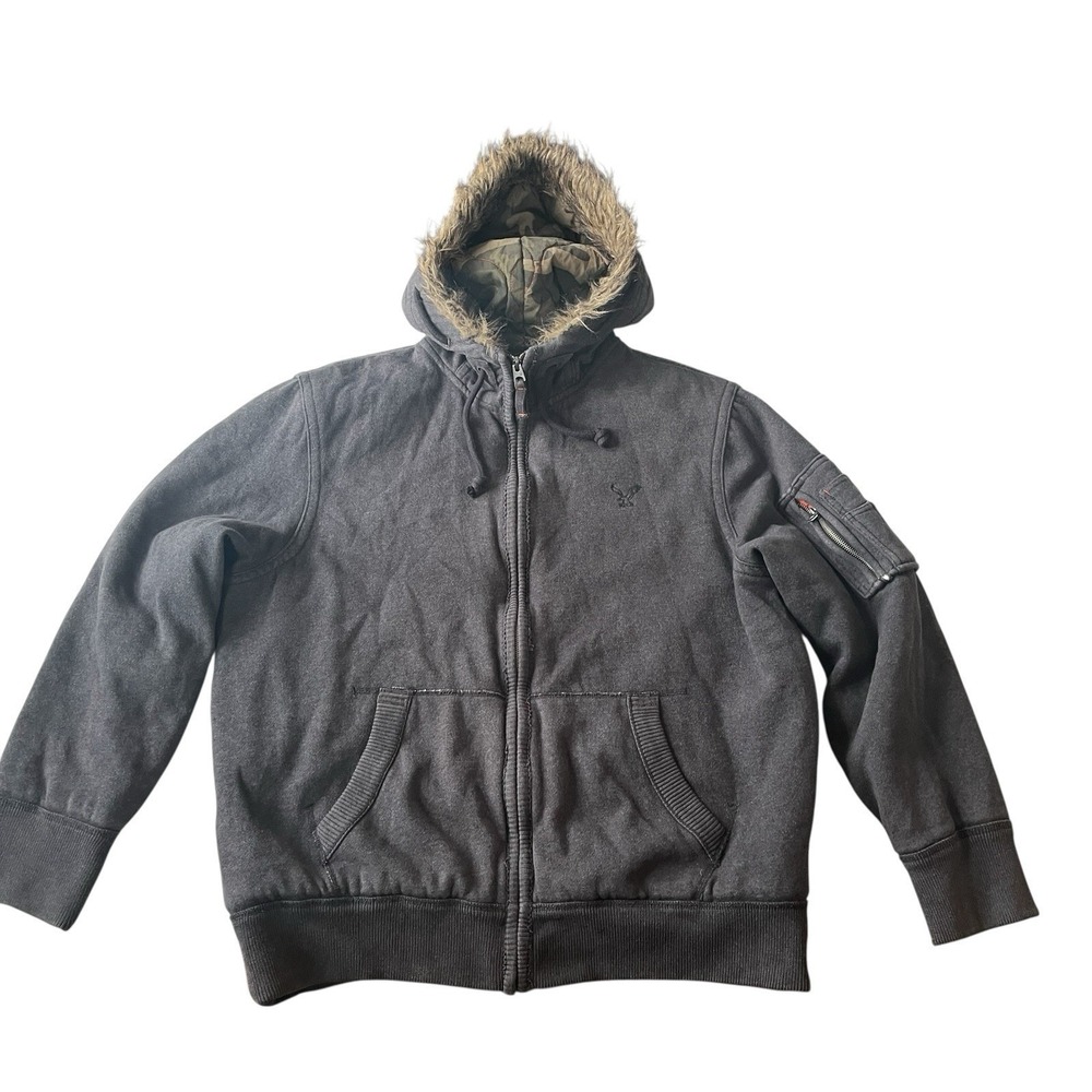 VTG American Eagle‎ Men's Size XL Gray Jacket Pockets Quilted Interior Fur Lined